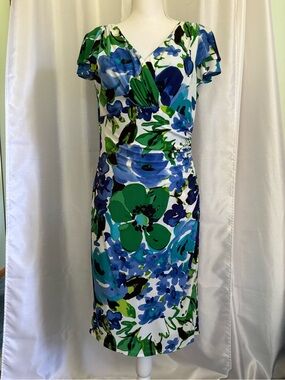 Lauren Ralph Lauren  Floral V-Neck faux wrap Dress in Blue & Green 10P
